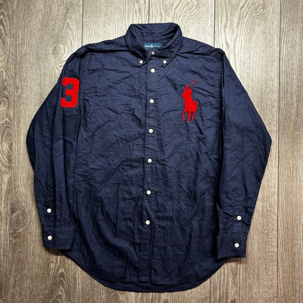 Ralph Lauren Kids Navy Blue Big Pony Button Down Shirt Size L 14-16 Vintage
